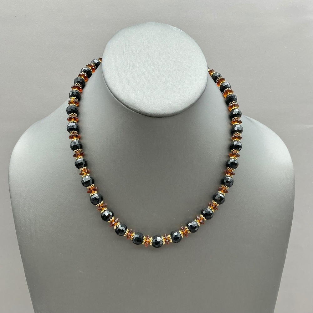 Beaded Necklace Women Black Brown Gold Tone Faceted Beads Adjustable Chain Clasp